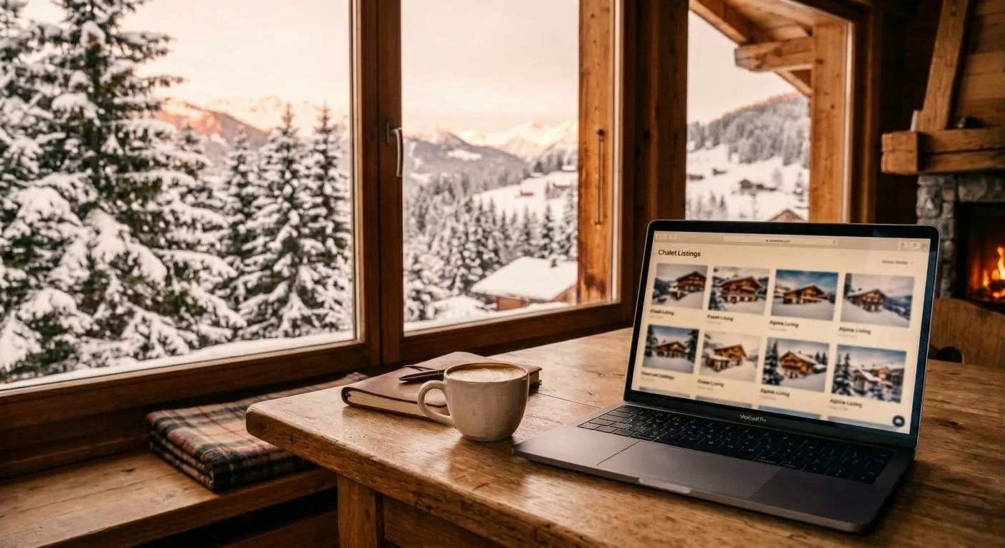 Ordinateur ouvert sur des annonces de chalets, devant une fenêtre enneigée