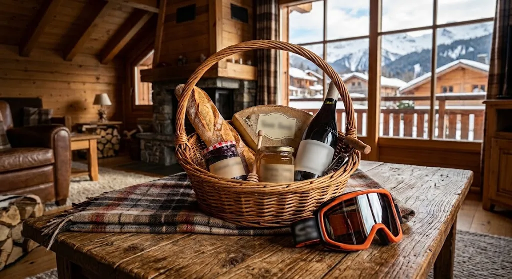 Panier de bienvenue et masque de ski sur une table de chalet