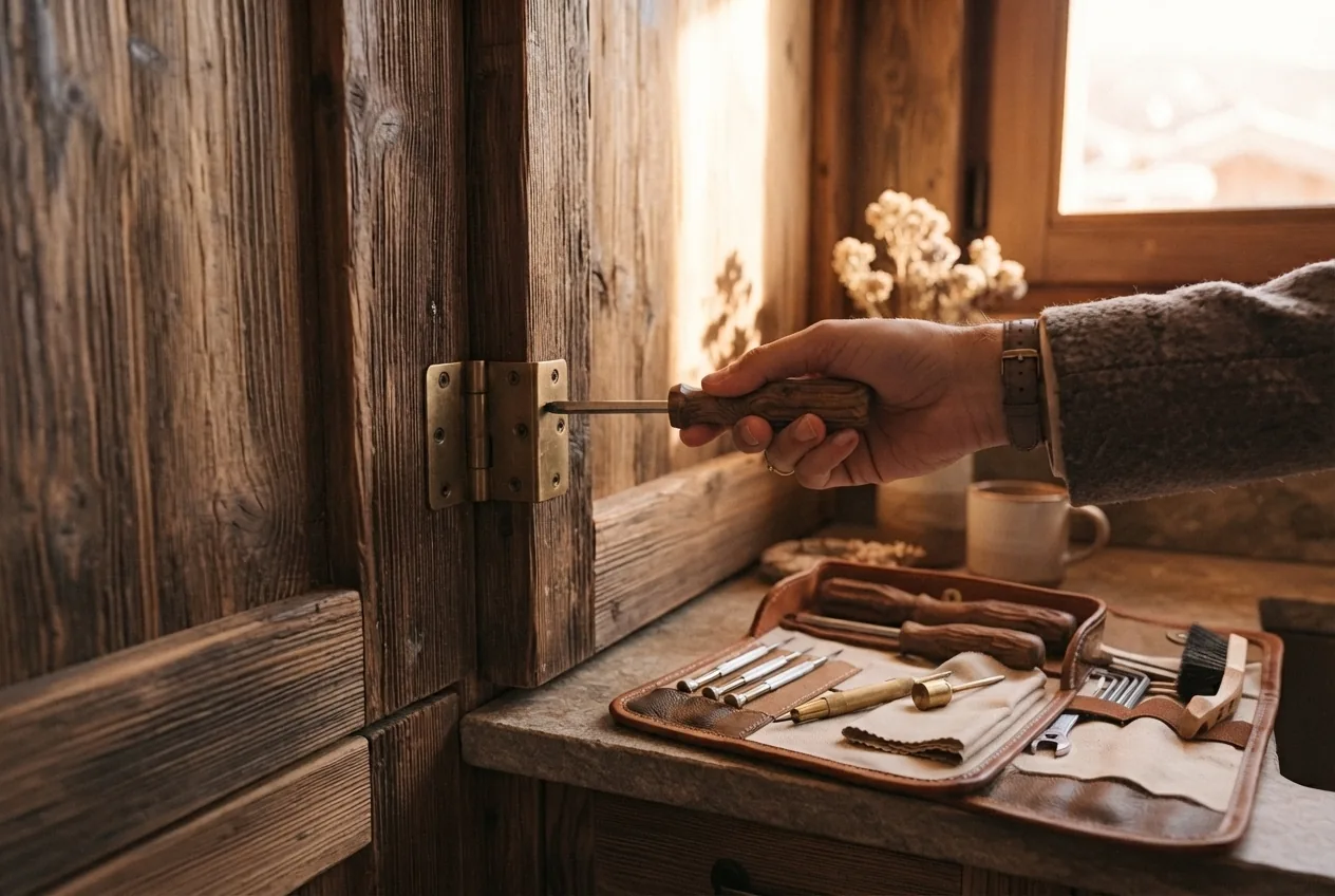 Réglage d'une charnière sur une porte en vieux bois, trousse à outils