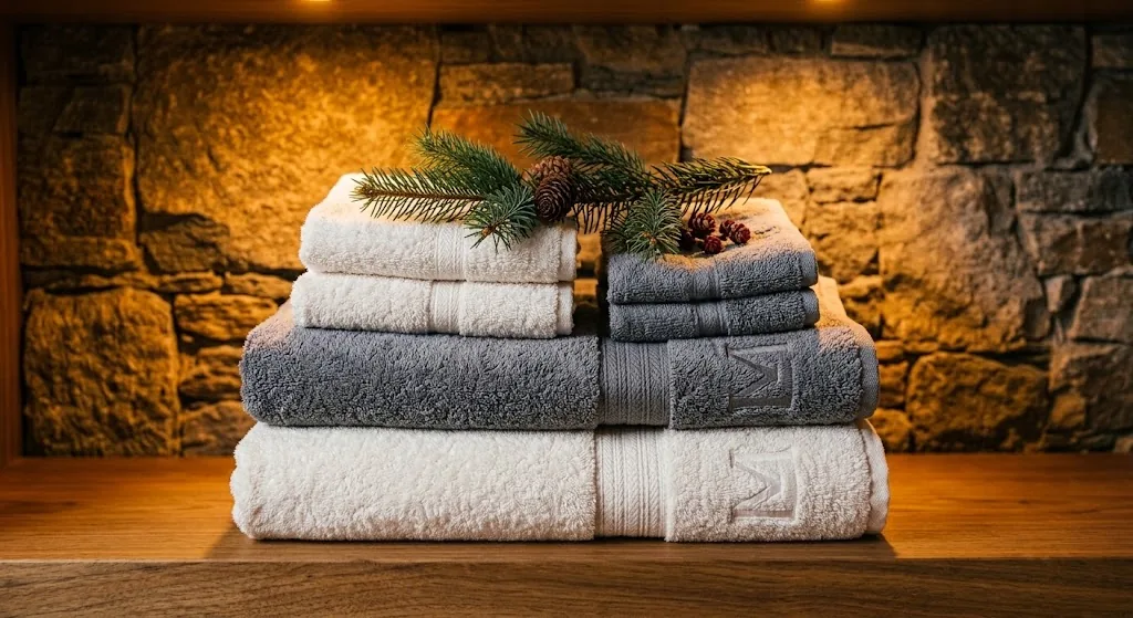 Serviettes blanches et grises pliées, branche de sapin